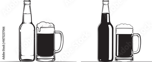 Two beer bottles and mugs silhouette