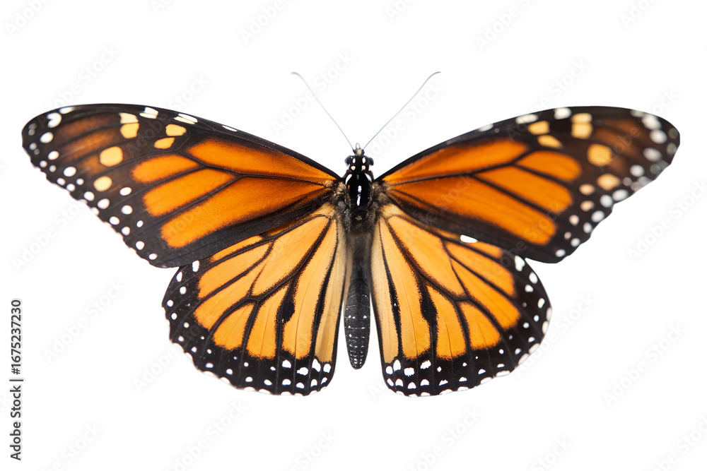 Fototapeta premium Vibrant Monarch Butterfly Close-up; Abstract Glitch Art Background; Nature, Transformation, and Freedom Theme.