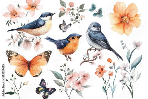 Colorful watercolor illustration featuring flowers, birds, and butterflies in a harmonious natural display that captivates the essence of springtime beauty