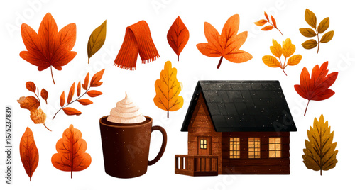 Autumn Elements with Coffee and Cabin on Transparent