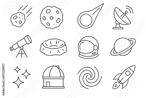 Space exploration icons: astronaut, telescope, rocket, satellite, planet, comet