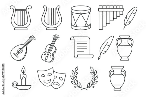 Musical instruments and symbols: harp, violin, drum, flute, feathers, scroll, comedy mask, laurel, vases