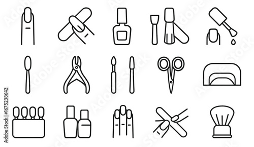 Manicure and pedicure tools line icons set for nail care and grooming