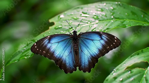 Vibrant blue butterfly perched delicately on a lush green leaf.