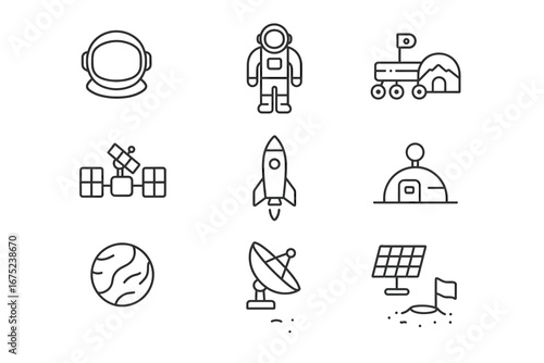 Space exploration icons: astronauts, rovers, satellites, rockets, planets, and solar equipment