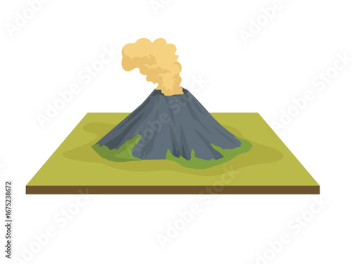 Isometric mountain, erupting volcano, natural volcanic activity