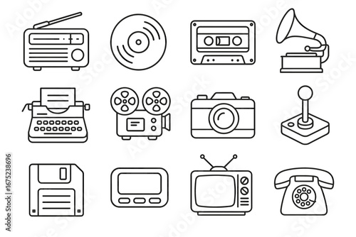 Vintage electronics and media icons: radio, vinyl, cassette, gramophone, typewriter