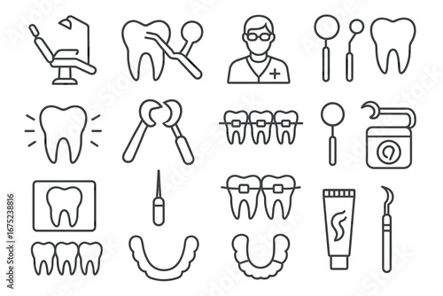 Set of dental icons: tools, teeth, and dentist symbols for oral care