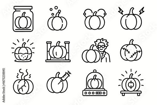 Halloween pumpkin icon set: experiments, magic, science, and emotion