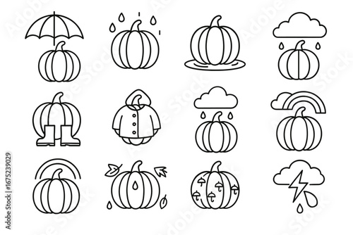 Pumpkin and weather icon set: rain, clouds, rainbow, lightning, autumn