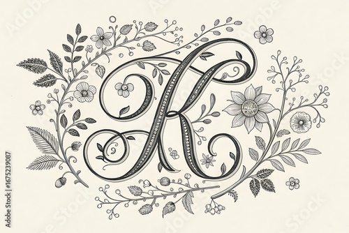 Ornate Calligraphic Letter K Surrounded by Detailed Botanical Illustrations in Black and White decorative