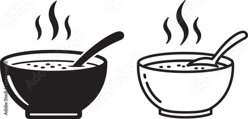 Two bowls of hot soup with spoons silhouette