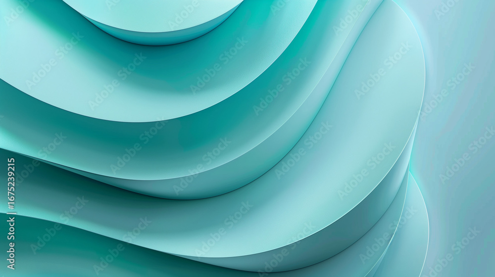 Obraz premium A smooth gradient background features layered curves in tranquil teal tones, providing a sleek and modern visual perfect for corporate settings. Ideal for branding and presentations