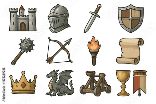 Medieval icons: castle, armor, weapons, and symbols of the middle ages