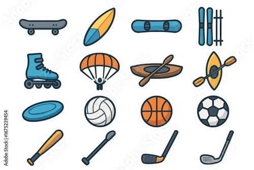 Collection of sports equipment icons including skateboard, surfboard, parachute, and more