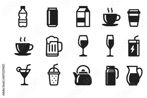 Icon set of various beverage containers including cups, cans, bottles, and glasses