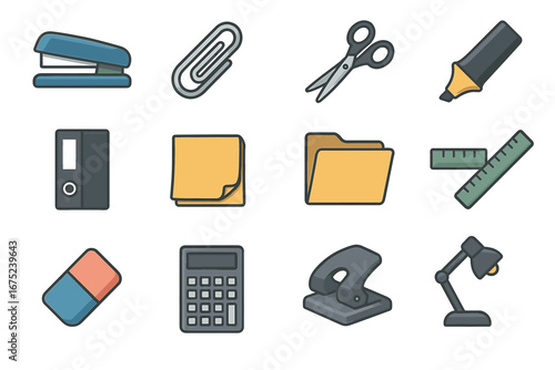 Office supplies icons: stapler, scissors, files, ruler, eraser, calculator, lamp