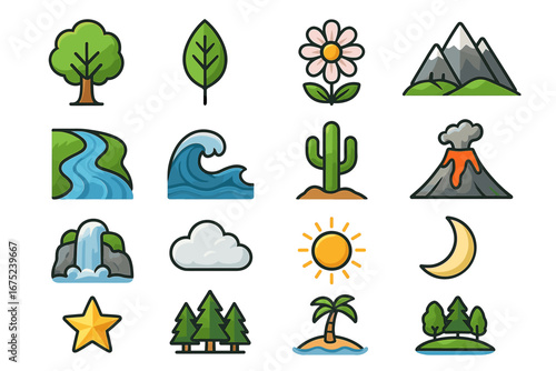 Nature icons collection with trees, mountains, and weather elements
