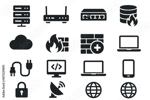 Network and security icons: router, firewall, cloud storage, laptop, lock