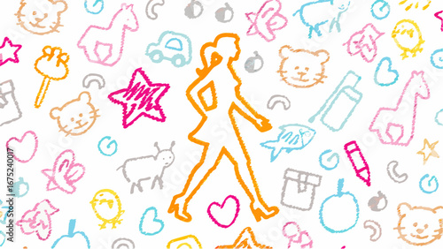 Illustration of a woman walking surrounded by various child like drawings on a white background surface