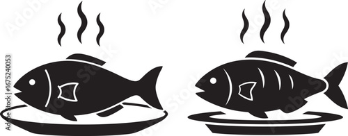 Two steaming fish dishes silhouette