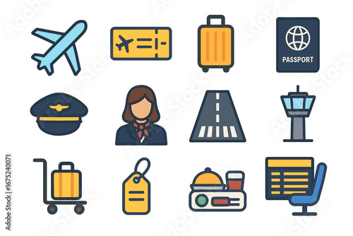 Travel icon set featuring airplane, ticket, luggage, passport, female pilot, control tower