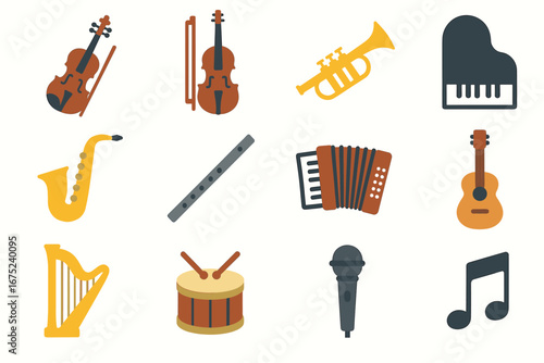 Musical instruments collection: guitar, violin, trumpet, piano, saxophone, flute, accordion