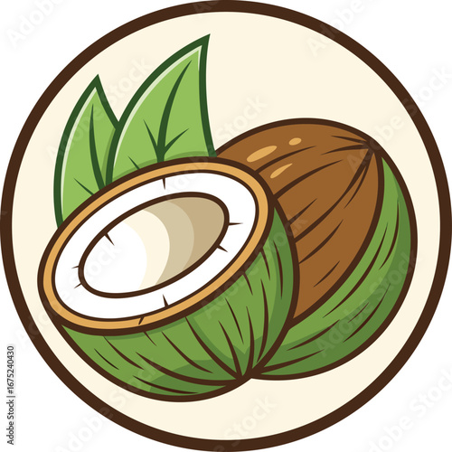 Vector art of a vibrant cartoon illustration showcases a halved coconut with fresh green leaves, set against a soft cream background, evoking a sense of tropical freshness and natural goodness