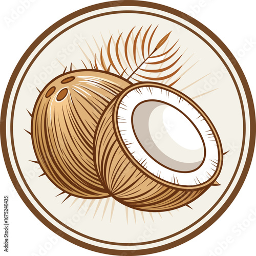 Vector art of a detailed sketch showcases a whole and halved coconut with a palm frond, set against a soft cream backdrop, highlighting the fruits texture and tropical origin