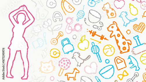 Silhouette of a woman with arms raised surrounded by colorful sketched childlike drawings and doodles art