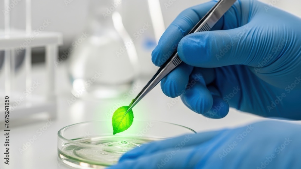 Fototapeta premium A scientist's gloved hand holding a glowing green leaf with tweezers in a laboratory.