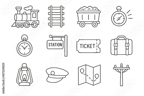 Vintage railway icons: train, tracks, ticket, luggage, lantern, map, stopwatch, station sign