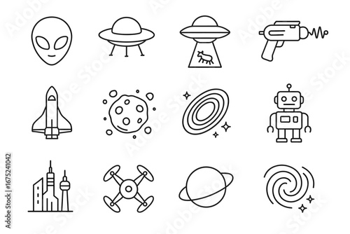 Simple icons of aliens, ufos, robots, and space elements in black and white design