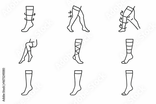 Different types and methods of wearing compression socks simplified with icon illustrations