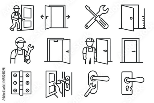Handyman tools and door repair icons set: wrench, screwdriver, measuring door, key lock