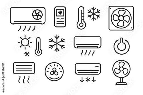Various climate control icons featuring air conditioner, thermometer, fan, and snowflake symbols