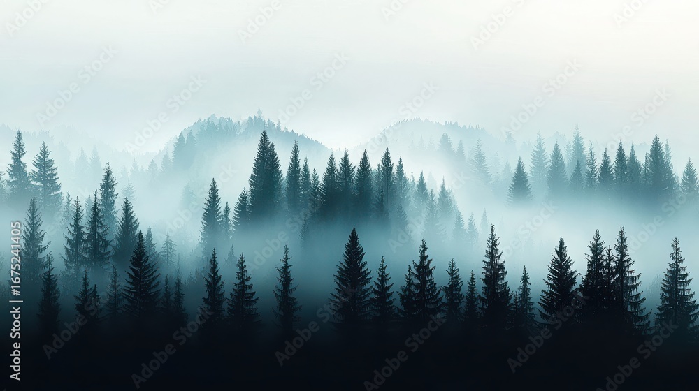 Obraz premium Easy Watercolor Painting Tutorial Concept. Enchanting Misty Forest Landscape with Silhouetted Pine Trees at Dawn or Dusk Light