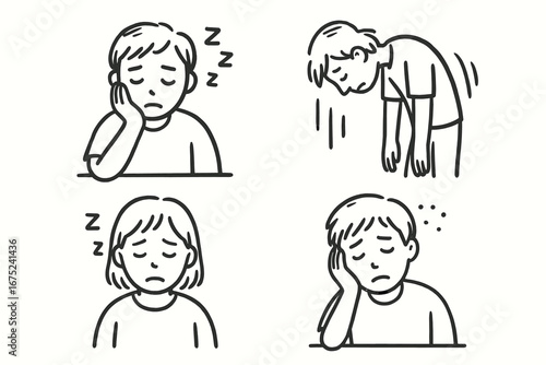 Tired children and teens: sleepy and exhausted expressions in simple line art