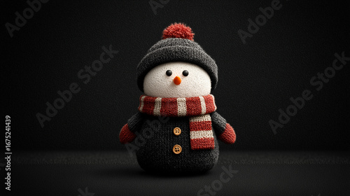 Cute Christmas Snowman with lots of detailed texture wearing scarf and hat over snow black background. Room for text on the right side 