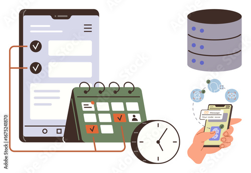 Mobile app managing tasks, calendar with marked dates, clock, and cloud data storage. Hand using smartphone for messaging and collaboration. Ideal for productivity, organization, scheduling