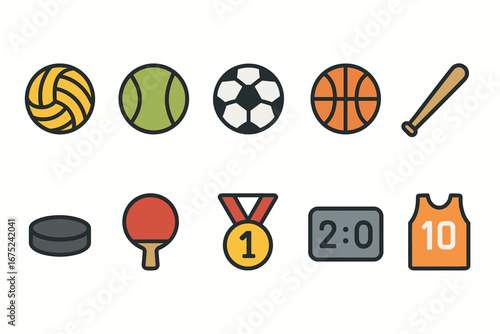Sports icons: volleyball, tennis, soccer, basketball, baseball bat, hockey puck, table tennis, medal, scoreboard, jersey