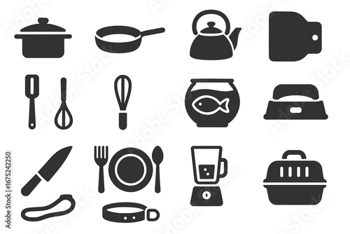 Silhouette icons of kitchen and pet accessories: cookware, utensils, blender, fishbowl, dog bowl
