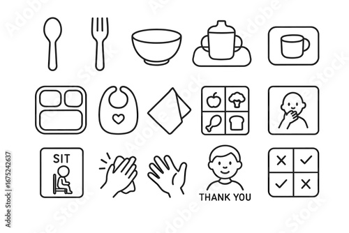 Child mealtime icons: dishes, utensils, food, drink, manners, directions
