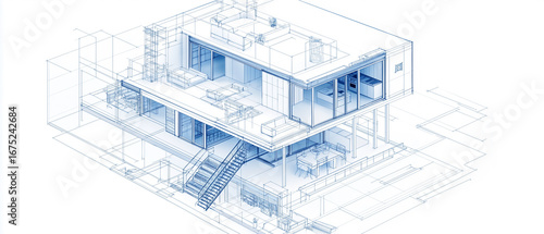 Isometric 3D architectural drawing of a multi-level house