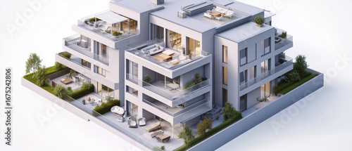 Isometric architectural model of a large modern apartment block