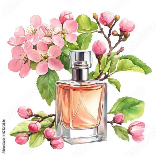 Spring Blossom Perfume Bottle, watercolor illustration vector, isolated on a white background.