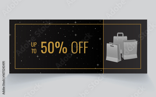 Black and gold sale banner with “Up to 50% Off” discount, decorated with glitter and star effects. Ideal for holiday sales, luxury promotions, e-commerce, social media ads, and web marketing.