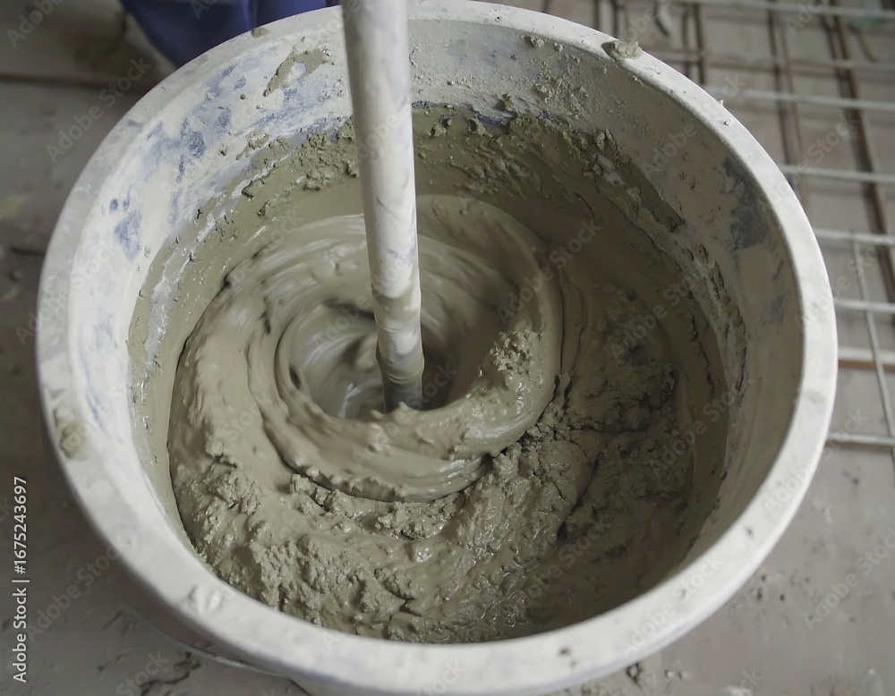 Fototapeta premium Mixing gray mortar in a large plastic bucket