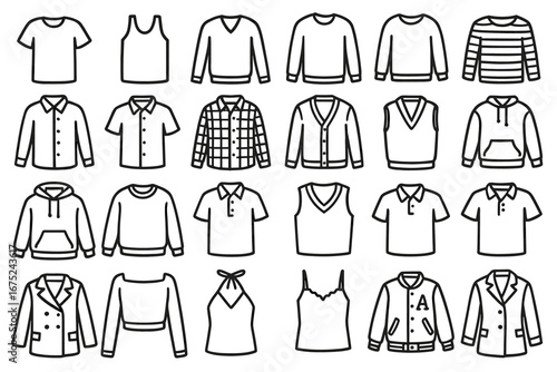 Collection of iconic shirt and sweater outlines featuring diverse styles for fashion design
