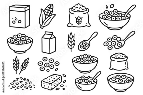 Outline icons of breakfast cereal ingredients and packaging